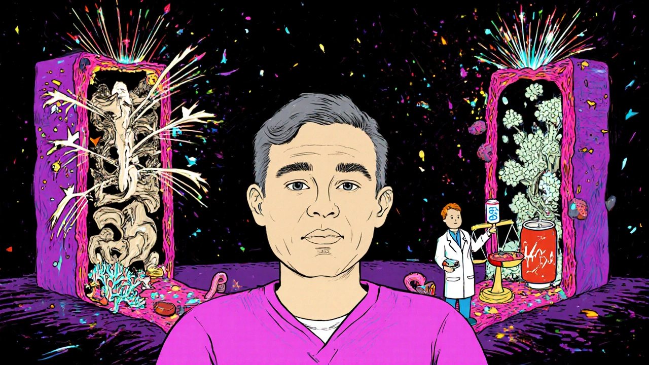 Cross-section of a dialysis patient showing crumbling bones and calcified arteries, with a doctor balancing calcium and phosphate on a scale.
