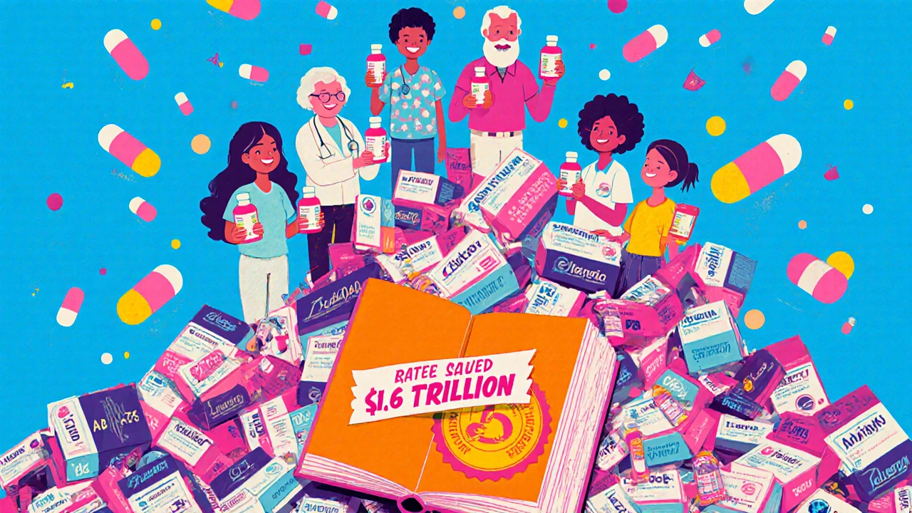 Diverse patients standing on discarded brand-name boxes, holding generics, with FDA orange book glowing below.