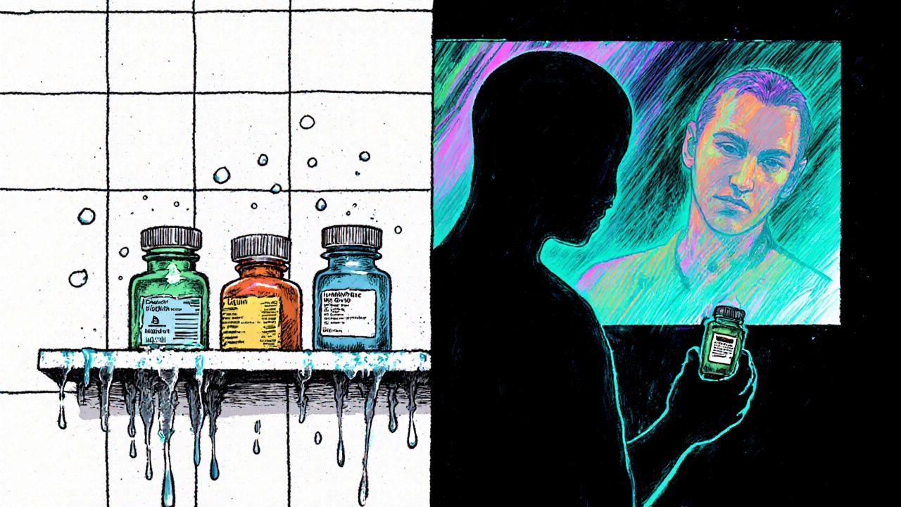 Expired NTI medication bottles in a steamy bathroom, with split images of healthy and toxic patient outcomes.