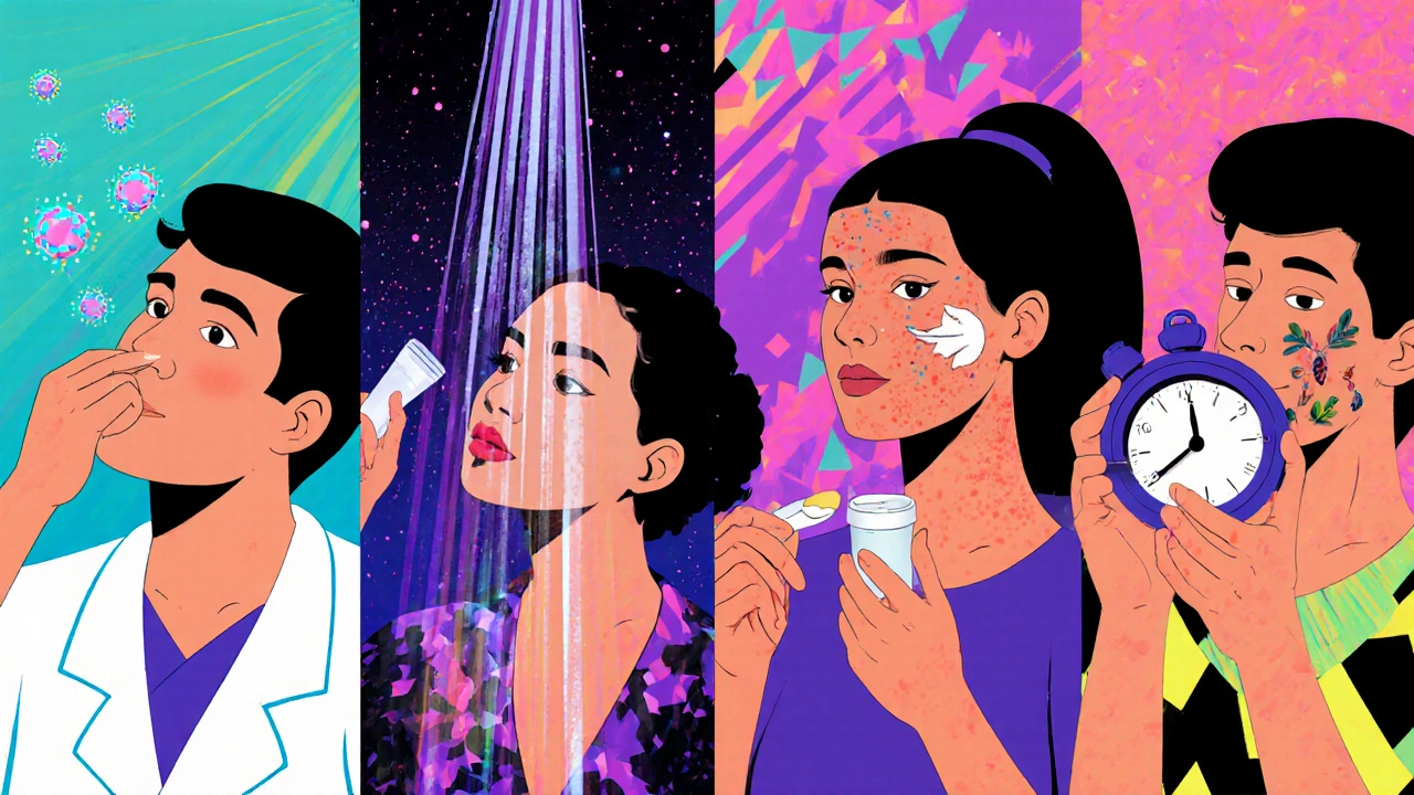 Four patients in a dermatologist’s office undergoing different vitiligo treatments, each rendered in vibrant psychedelic style.