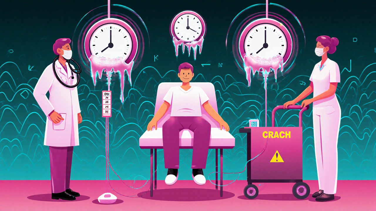 Medical team monitoring a desensitization procedure with glowing tools and pulsing dosage visuals.