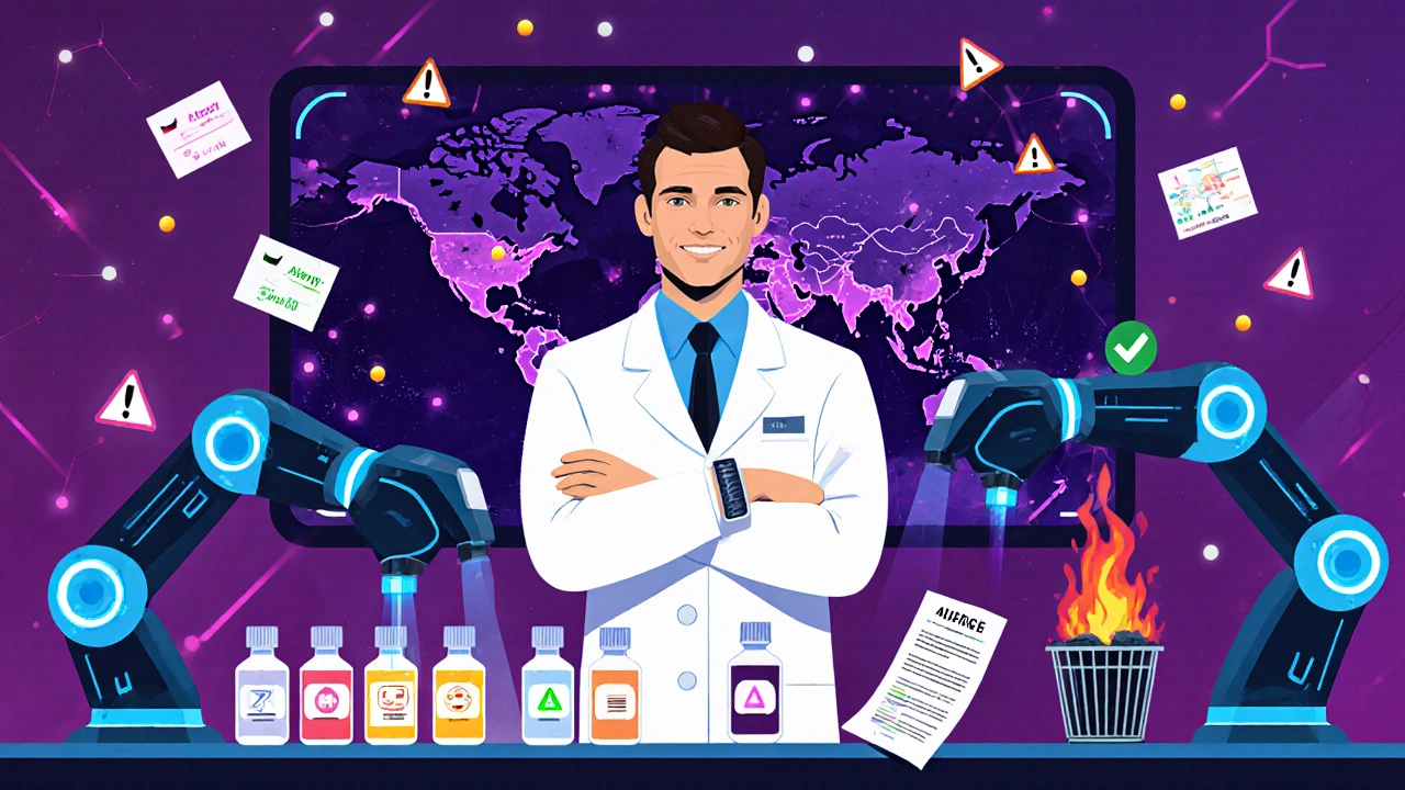 Modern automated pharmacy with robotic arms dispensing pills and digital alerts glowing in neon colors.