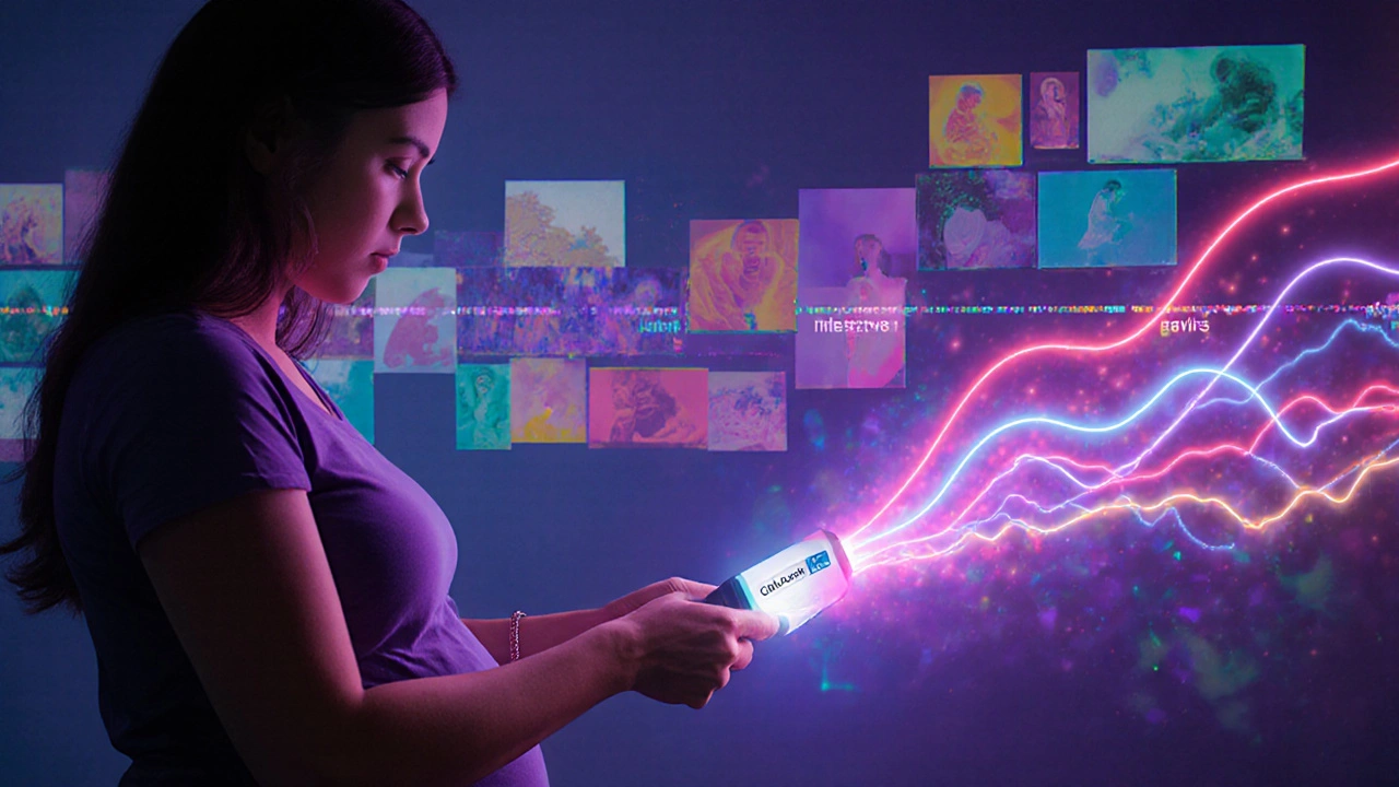 Neon device scanning a pregnant woman, projecting a dynamic bile acid timeline in vibrant, flowing patterns.