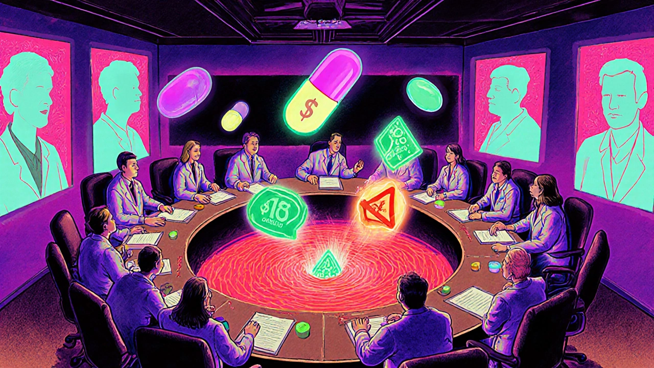 P&amp;T committee voting on floating drug capsules, one cheap pill rising above a sinking expensive one.