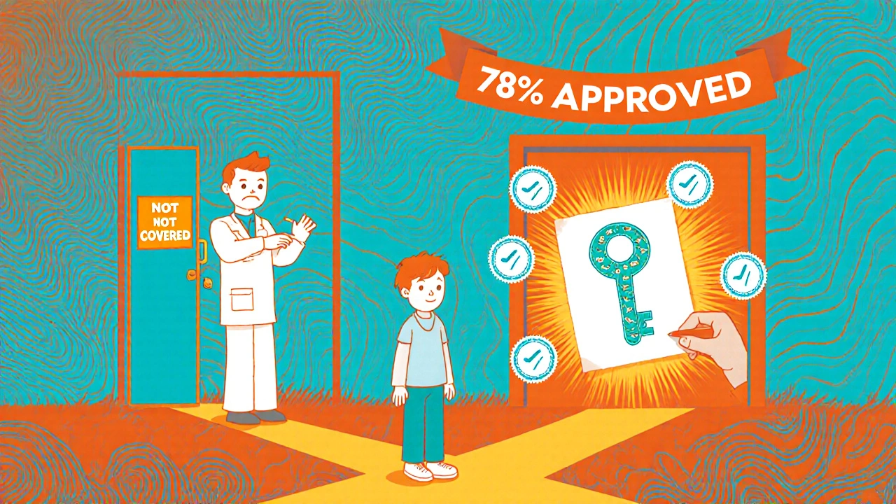 Patient at a crossroads: one path blocked, the other leading to a pill-shaped key of approval.