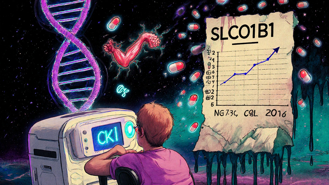 Patient with glowing CK graph projection, dancing muscle cells, and giant gene helix beside fading paper test in surreal medical future.