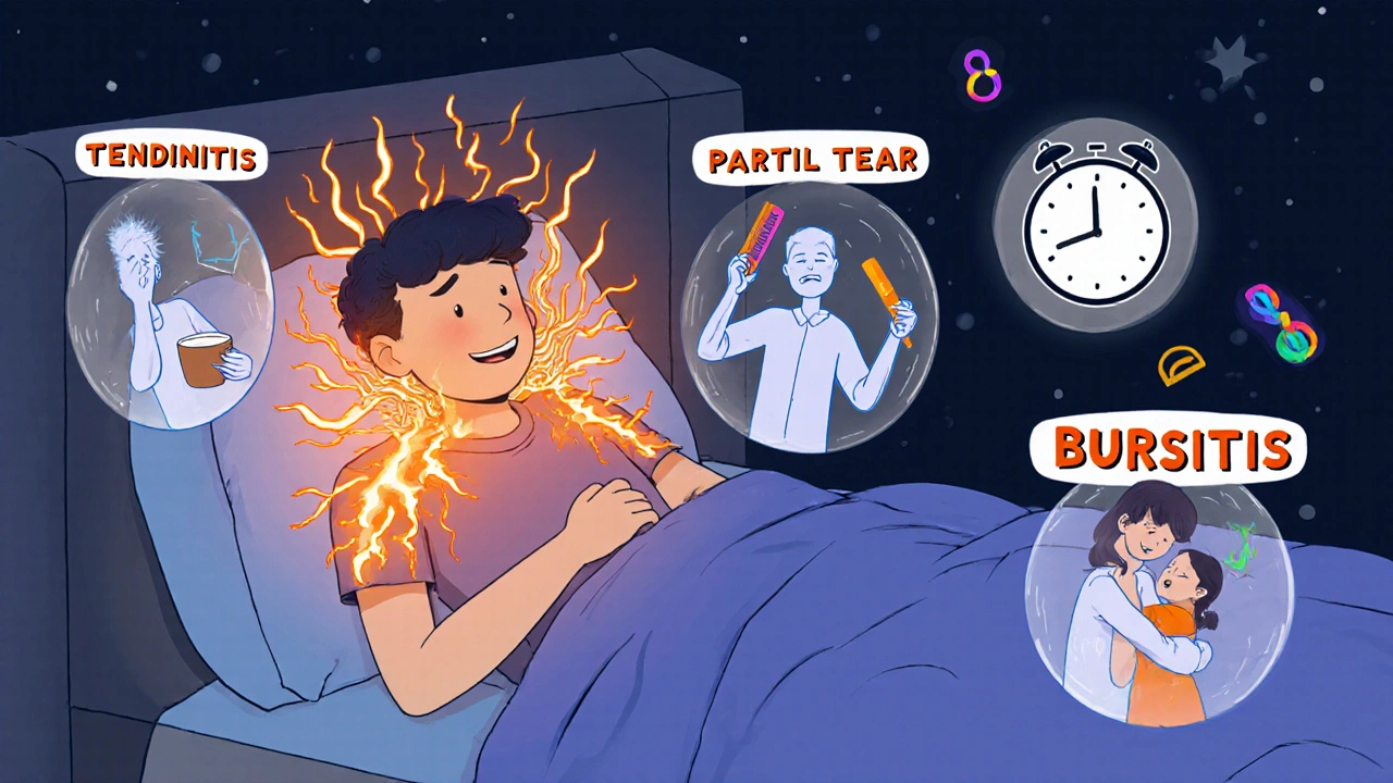 Person lying awake at night with fiery shoulder pain and ghostly actions blocked by injury labels.