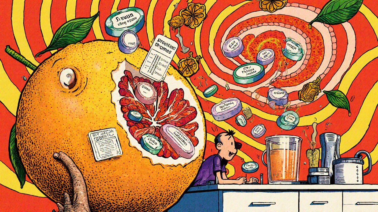 Person takes pill with grapefruit juice as a giant grapefruit reveals hidden medications.