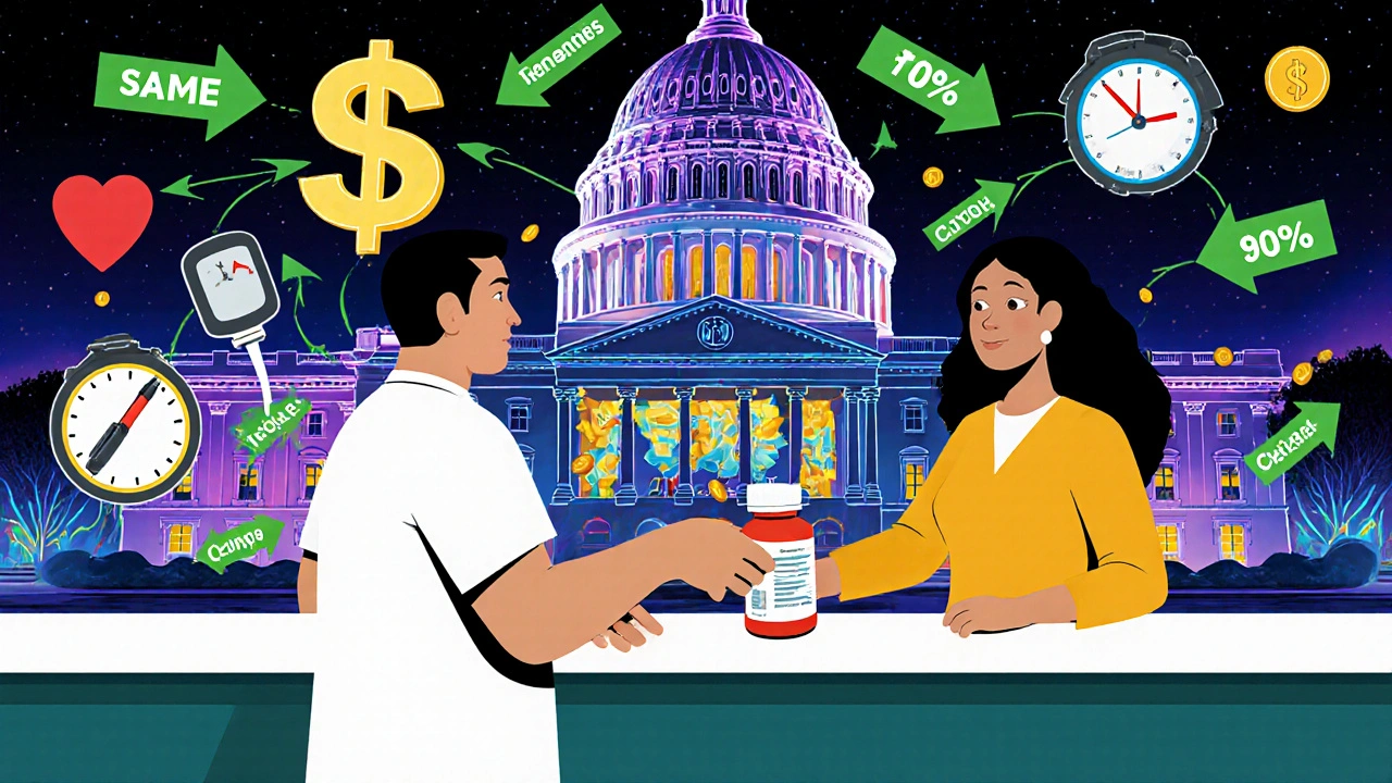 Pharmacist giving generic medication as dollar signs turn to coins, with medical icons and FDA mural in background.