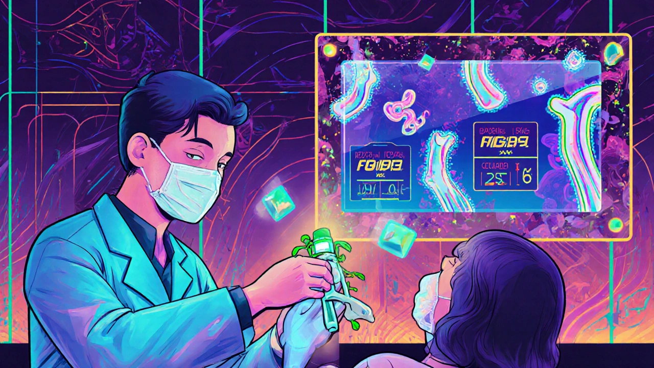 Scientist administering Klotho serum as holograms show bones regrowing and arteries clearing, with floating medical data dissolving into dust.