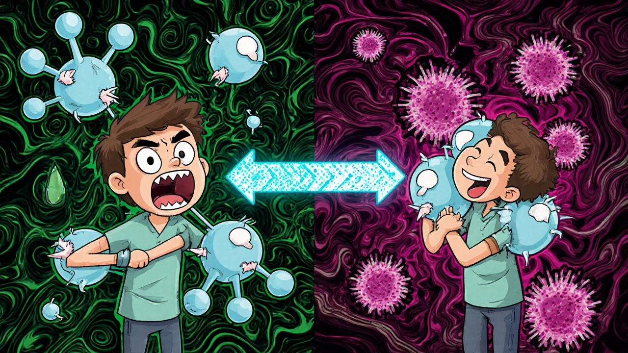 Split illustration showing fear transforming into acceptance as drug molecules change from threatening to protective.