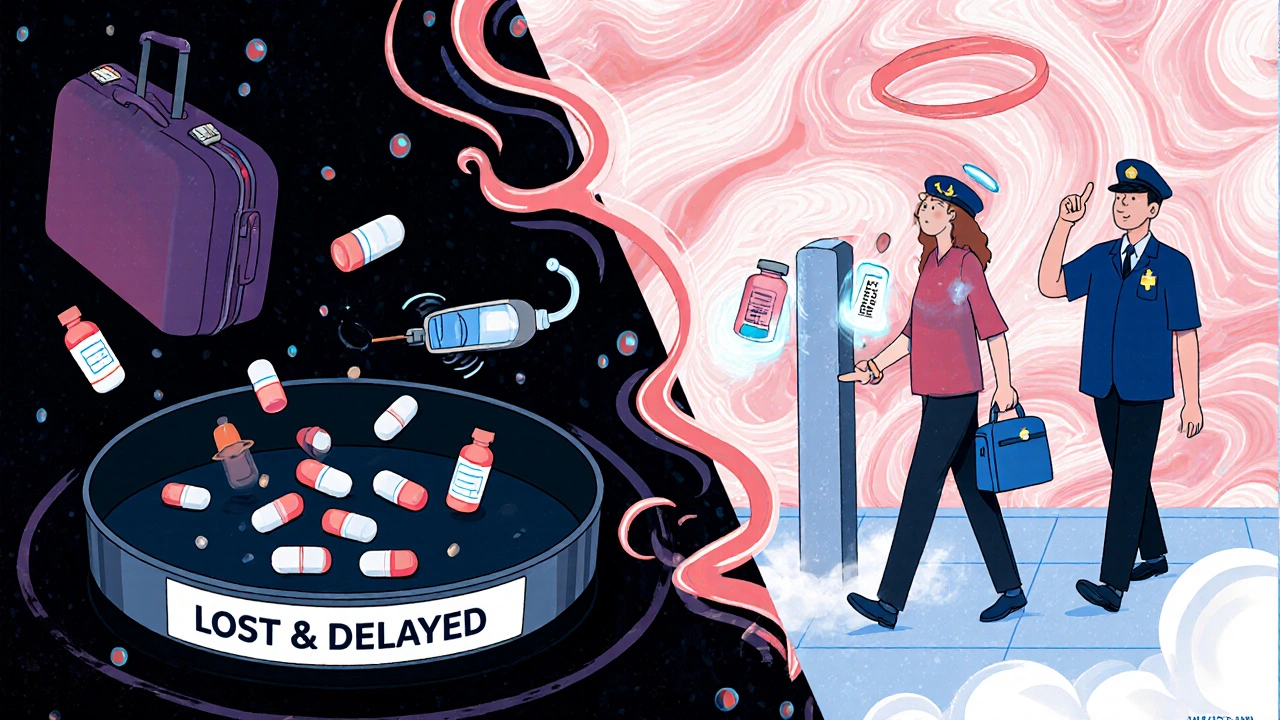 Split scene: lost luggage with meds vs. traveler safely carrying medications in carry-on through security.