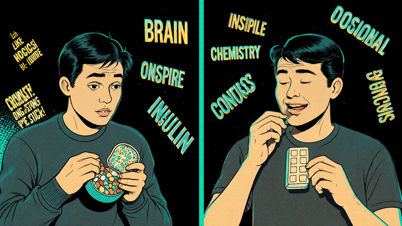 Split scene: one person hiding pills in fear, another taking medication confidently with medical phrases floating nearby.