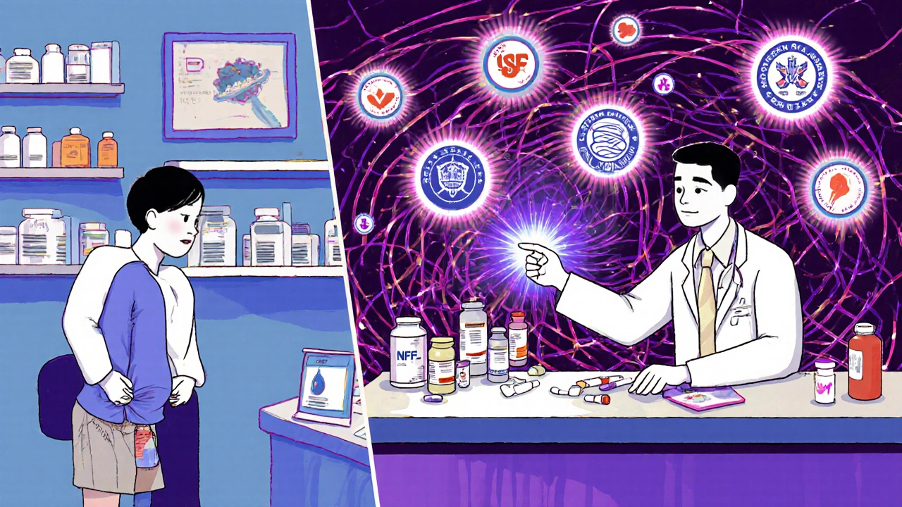 Split scene: patient hiding supplements vs. confidently sharing them with pharmacist.