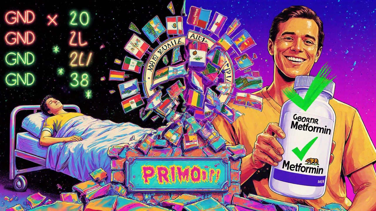 Split scene showing health decline vs. relief from generic meds, with California&#039;s reform breaking down prior auth barriers.