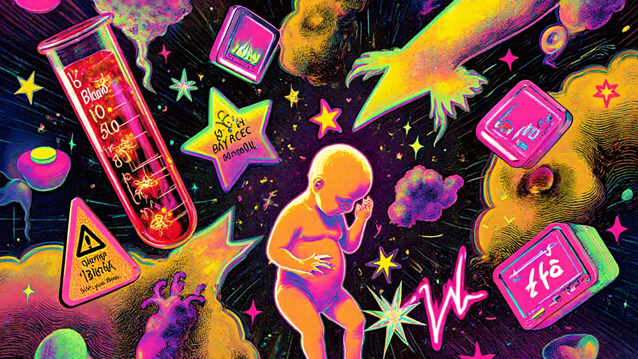 Surreal medical collage showing bile acid levels, a fetus in danger, and treatment icons in psychedelic colors.