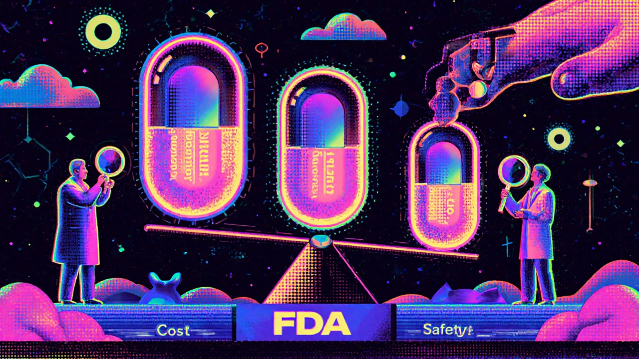 Three critical pills glow with halos amid medical professionals and a balance scale labeled Cost vs. Safety in vibrant psychedelic style.
