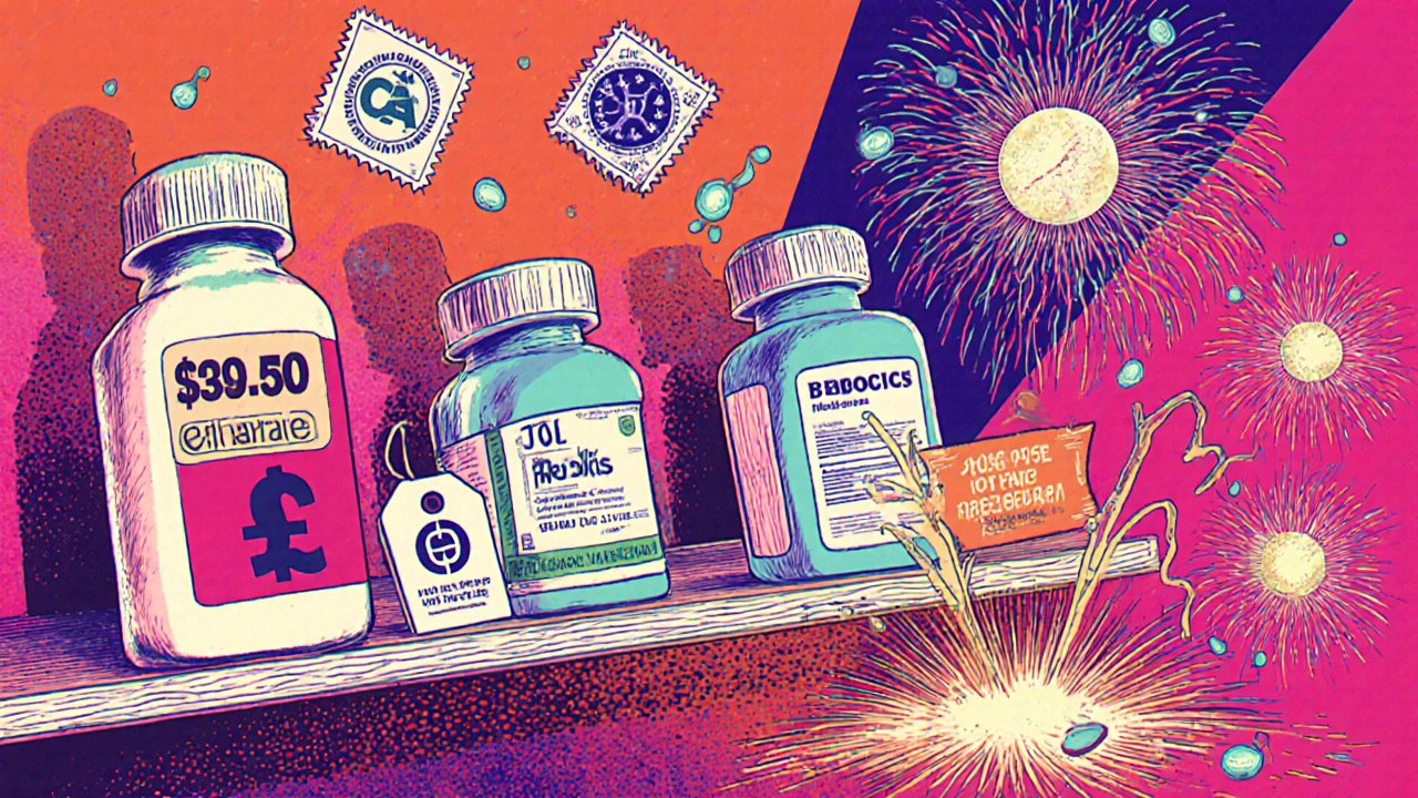 Three drug versions on a pharmacy shelf with price drops and patent fireworks, illustrating market entry stages.