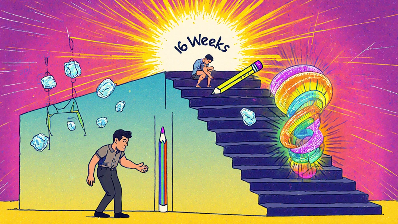 Three-phase shoulder rehab journey as a colorful staircase leading to recovery under a glowing sun.