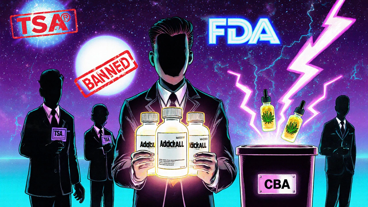 Traveler with 90-day medication supply surrounded by banned CBD products and international customs warnings.
