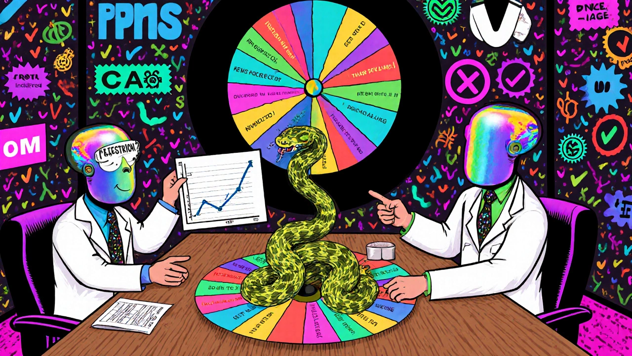 Trippy P&amp;T committee meeting debating a spinning formulary wheel with medical and cost symbols.