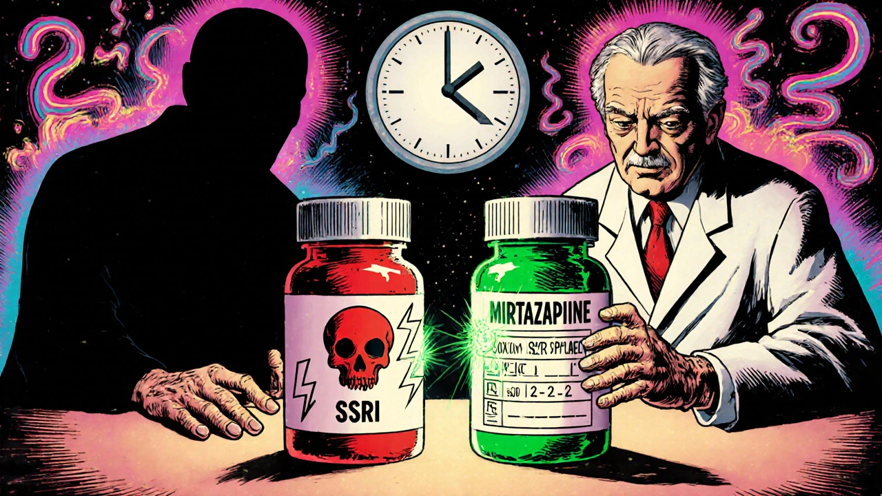 Two antidepressant bottles side by side — one dangerous, one safe — with a patient choosing the safer option under a ticking clock.
