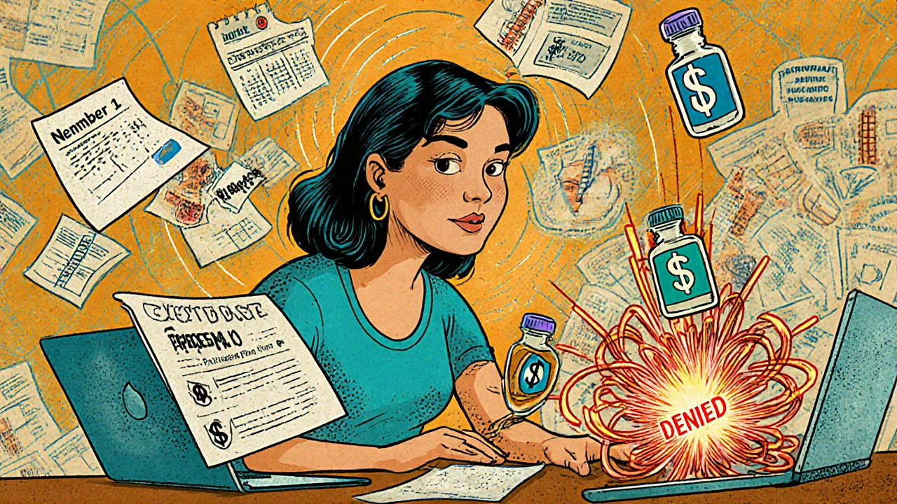 Woman reviewing formulary changes in October with floating meds, calendar reminders, and denial stamps.