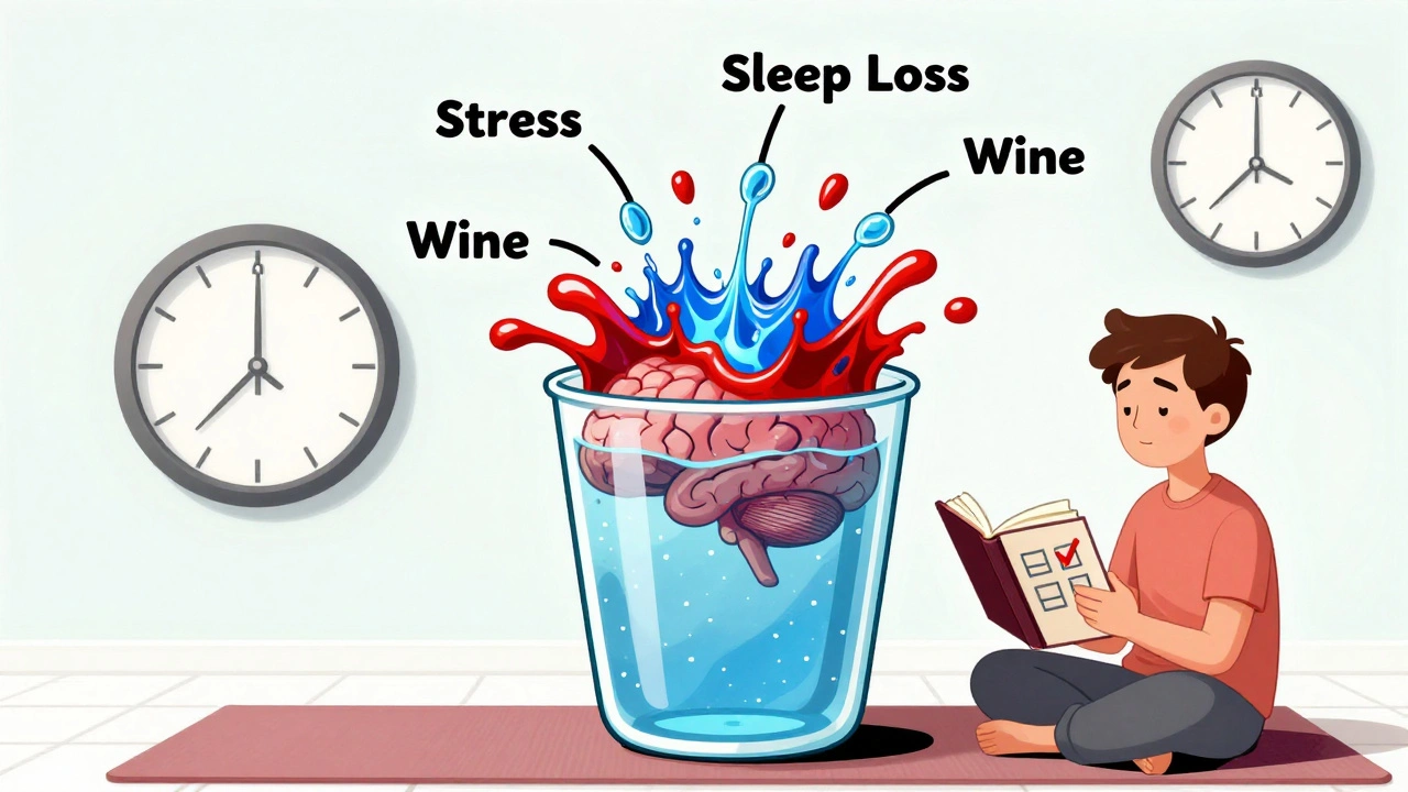 A brain-shaped cup overflowing with water from stress, sleep loss, and dietary triggers, while a calm person tracks habits.