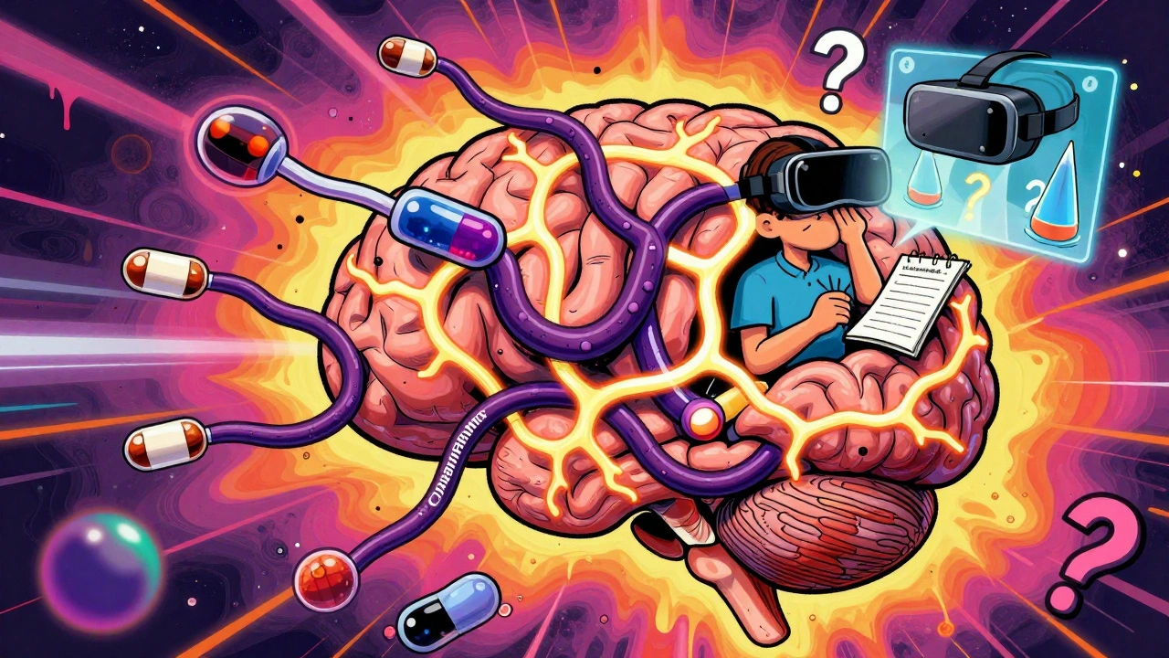 A brain tangled by drug molecules, with a figure recording symptoms and a VR headset projecting balance exercises in psychedelic colors.