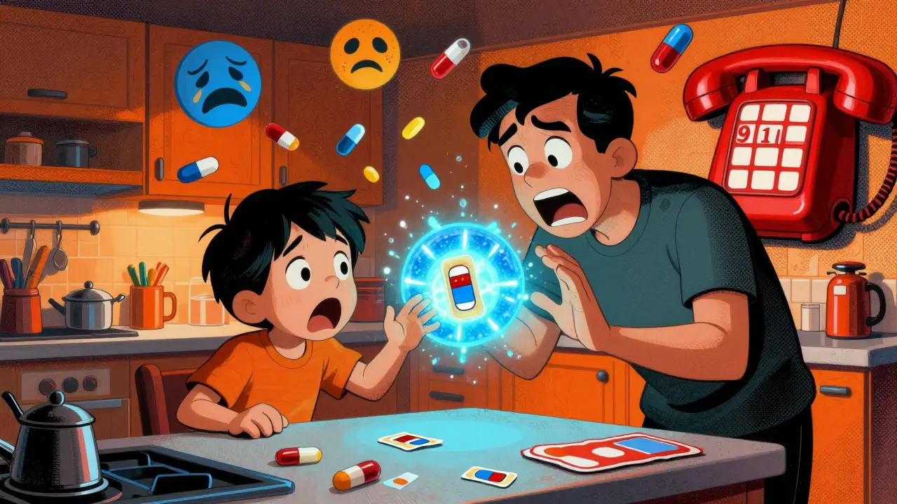 A child reaching for a discarded fentanyl patch while a parent tries to stop them, glowing patch and floating warning icons.