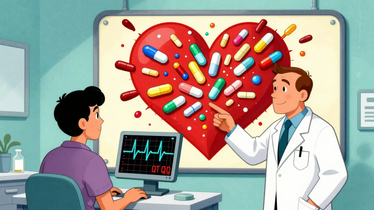 A doctor and patient comparing ECG results while dangerous drugs dissolve into safer antibiotic alternatives.