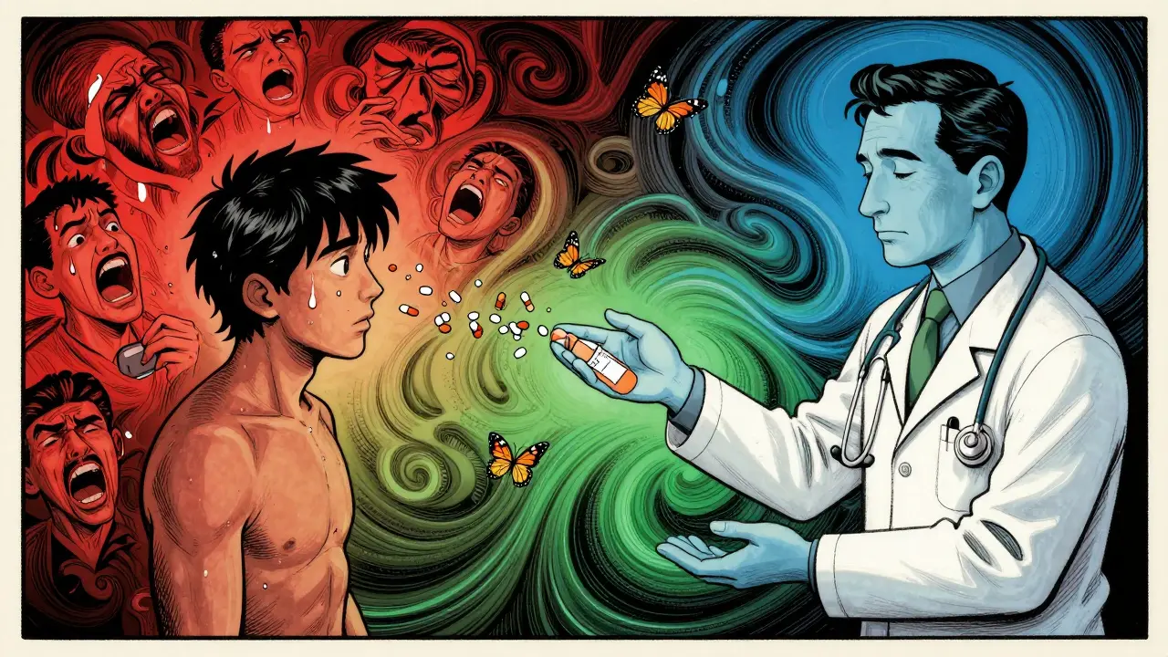 A doctor guiding a patient through tapering, patch dissolving into butterflies, contrasting chaos and calm in psychedelic art style.