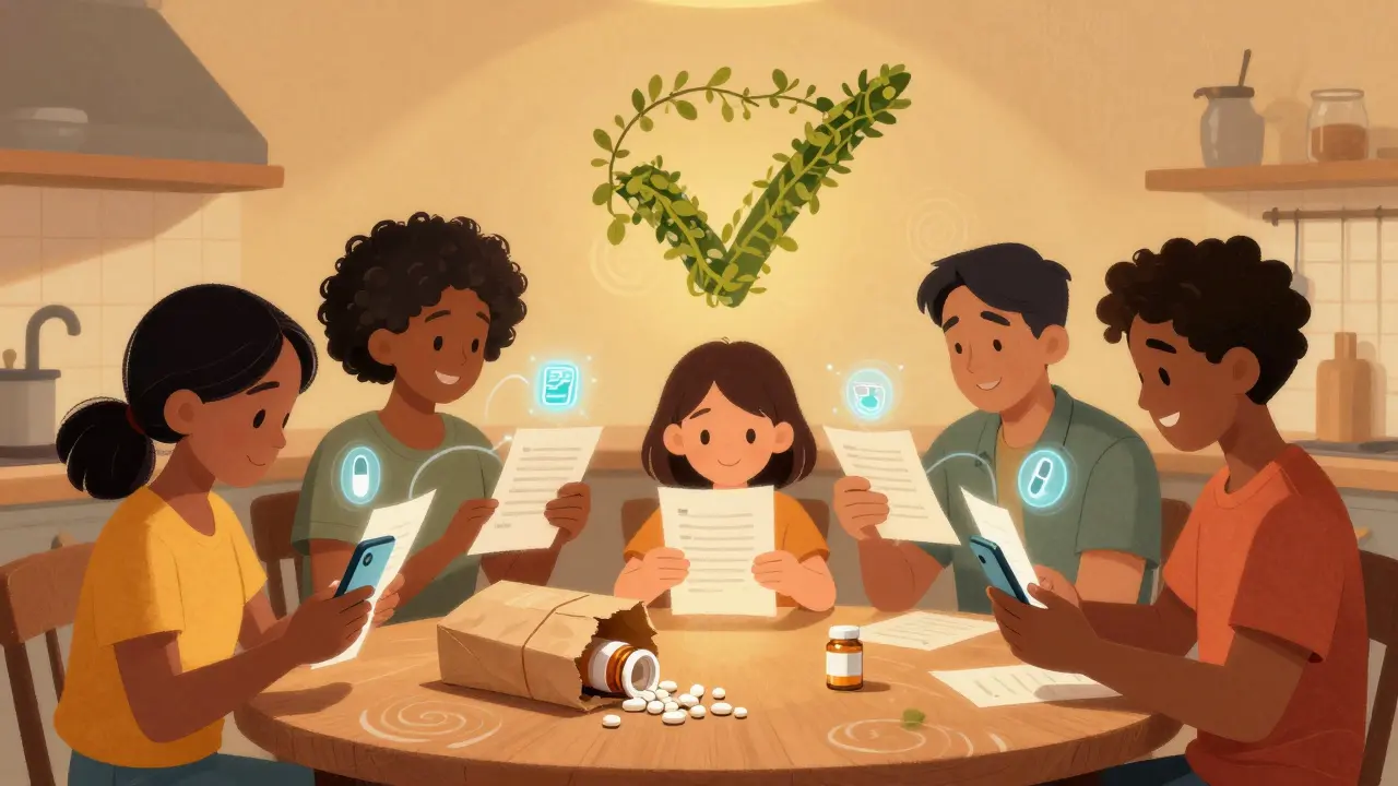 A family gathers around a table with pill bottles and digital medication icons glowing between them.