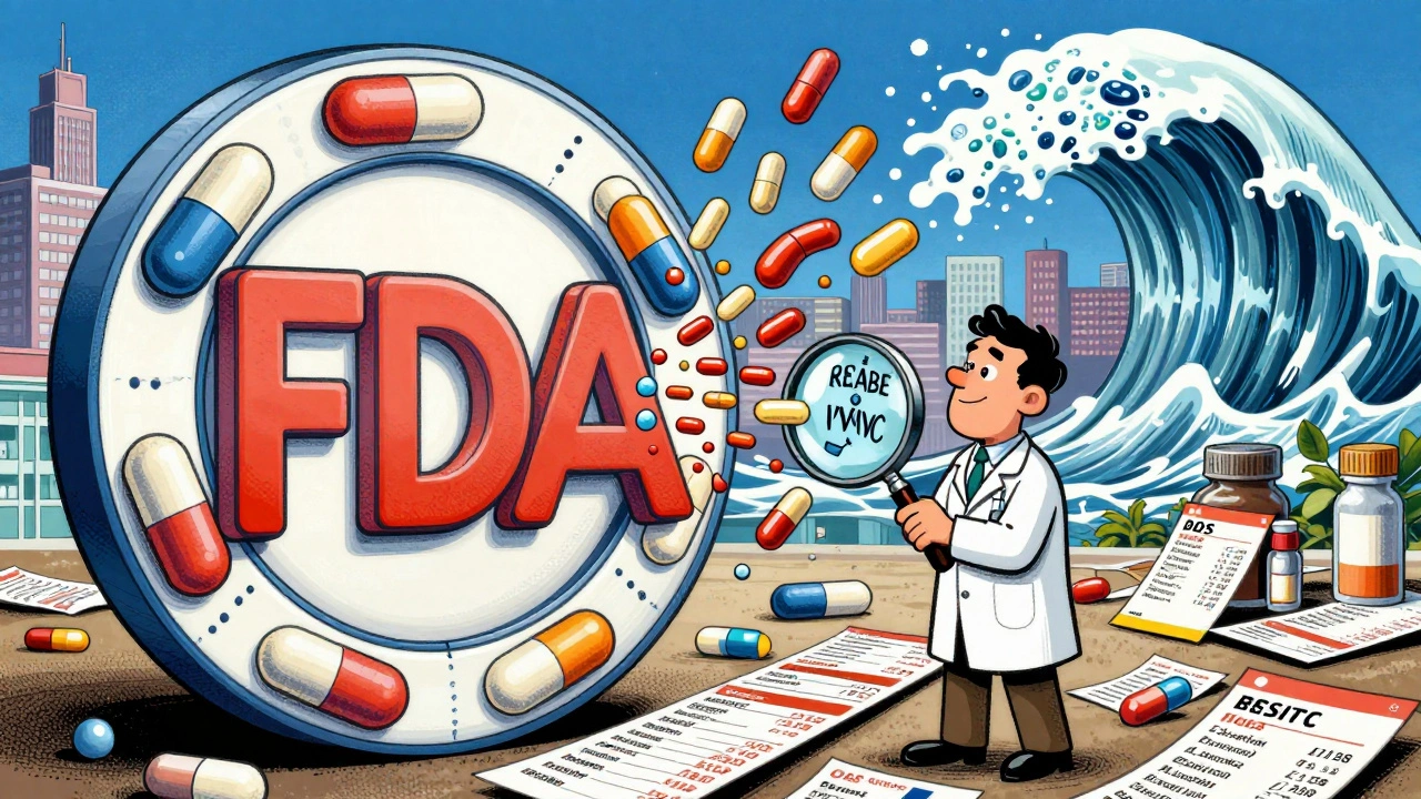 A giant FDA pill seal analyzes complex drug formulations amid abstract bioequivalence models and falling price tags.