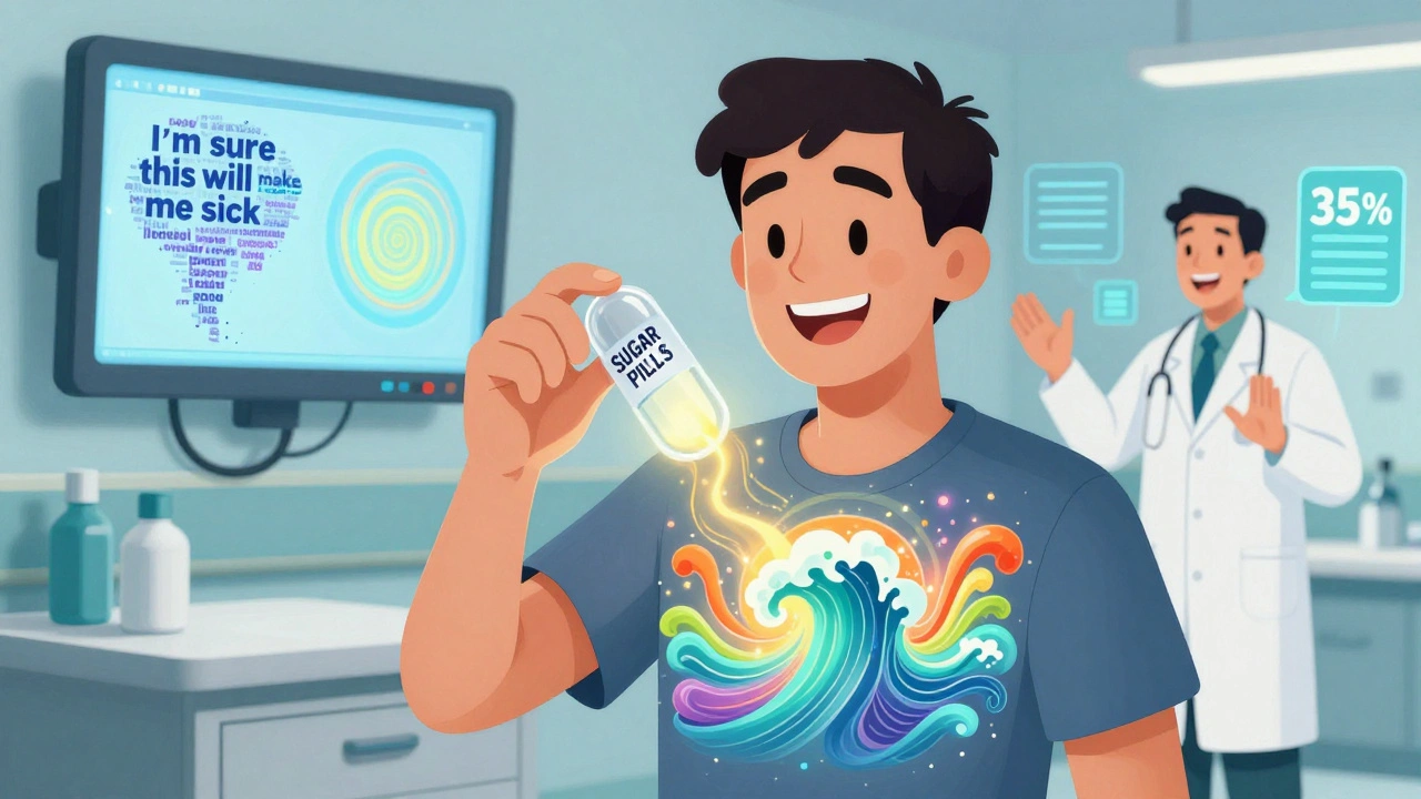 A patient holds a clear sugar pill as healing energy ripples around them, with AI monitors analyzing speech patterns nearby.