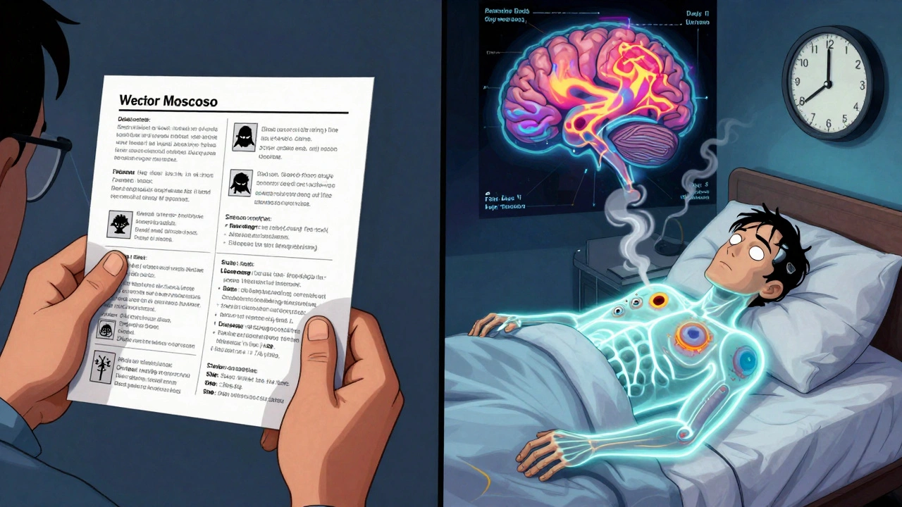A patient reads a warning leaflet while ghostly symptoms rise from their body, with glowing brain scans in the background.