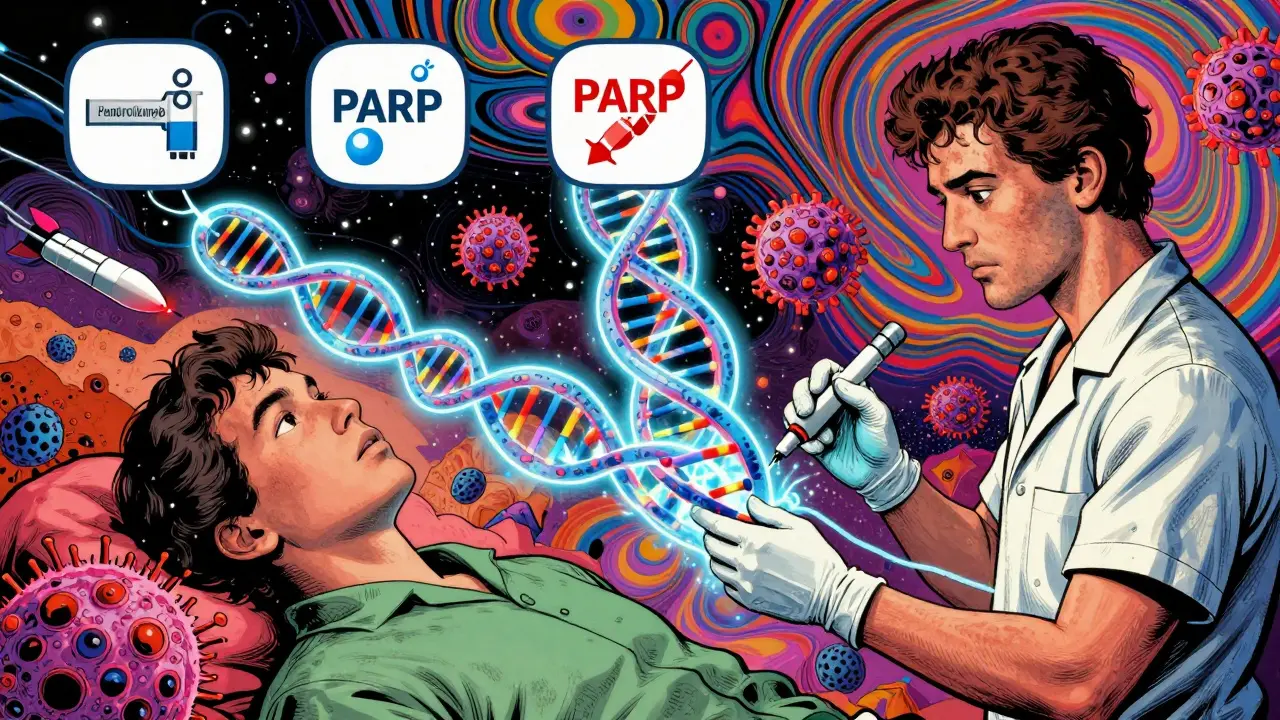 A patient receiving a personalized vaccine linked to a glowing DNA helix with targeted drugs attacking tumors.