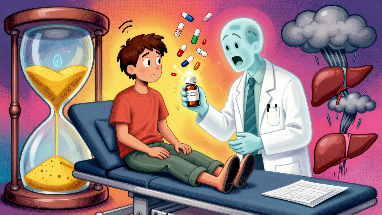 A patient’s body showing medications fading away as liver enzymes glow, with an hourglass labeled '10 Days'.