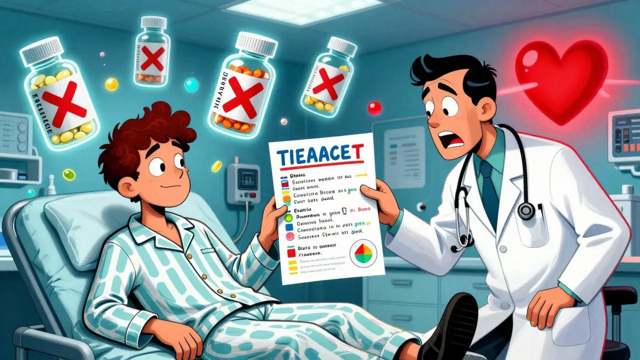 A patient shares a hand-drawn medication list in an ER, with floating warning icons over conflicting drugs.