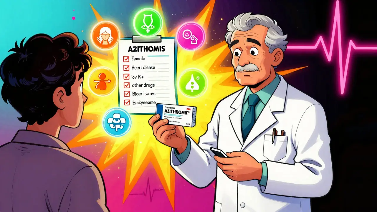 A patient surrounded by floating risk factors, holding a macrolide prescription in a vibrant cartoon scene.