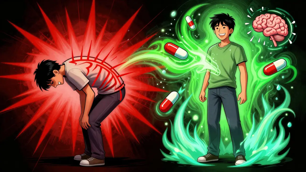 A person between pain and relief, with duloxetine pills dissolving pain lines into swirling energy, surrounded by sweat and brain zaps.