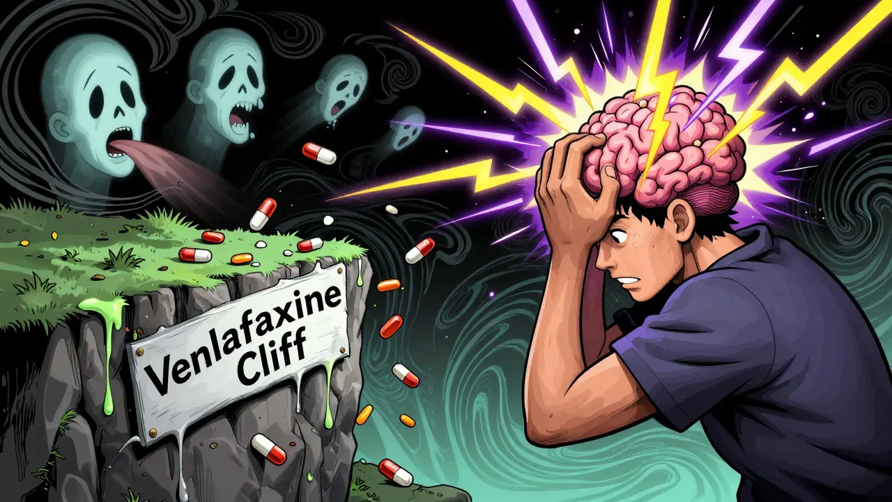 A person experiencing withdrawal with electric brain zaps exploding, pills falling off a cliff labeled 'Venlafaxine Cliff.'