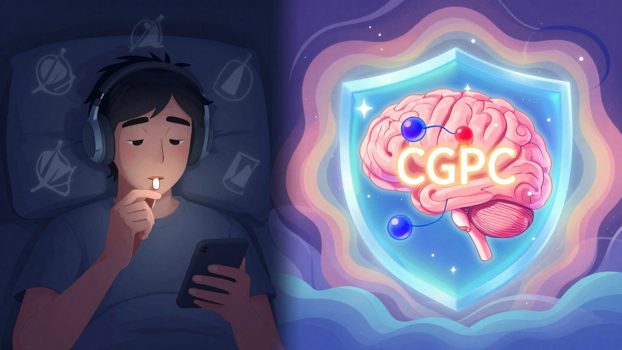A person finding relief with medication in a quiet room, while a protective molecule glows around their brain.