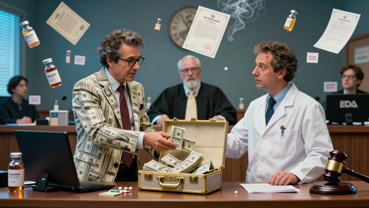 A pharmaceutical executive offers cash to a generic maker while a judge ignores them, with floating patents and insulin vials in the background.