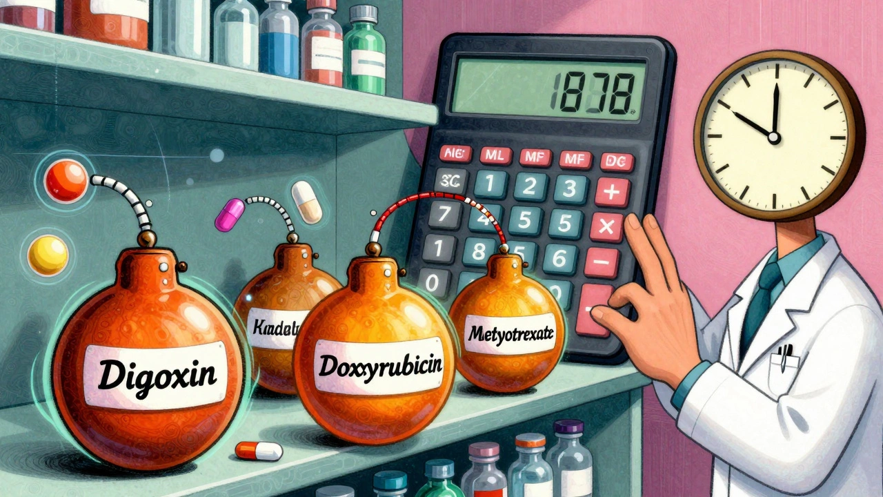 A pharmacy shelf with pills turning into time bombs, illustrating cumulative drug doses and hidden dangers.