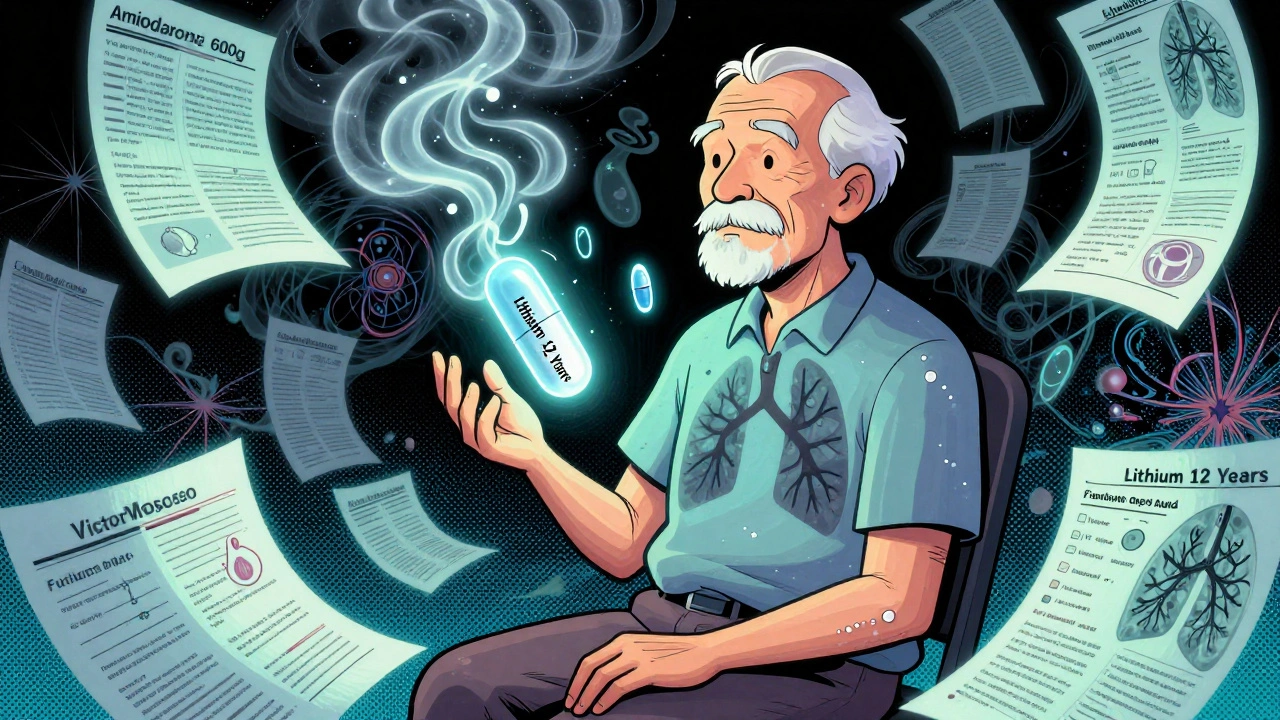 An elderly person surrounded by ghostly pills floating out of their body, representing long-term drug toxicity.