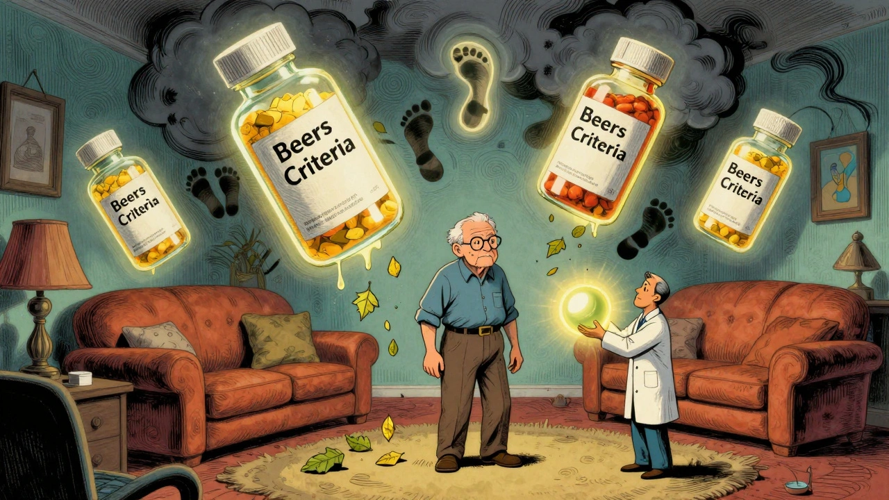 An elderly person surrounded by glowing medication bottles labeled &#039;Beers Criteria,&#039; with falling footprints and a therapist holding a balance ball.