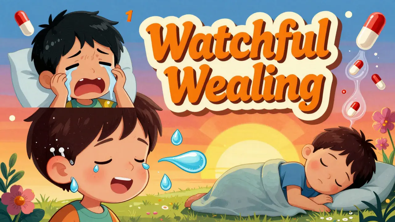 Child with ear tubes draining fluid, split scene of illness turning to calm, antibiotic pills dissolving into flowers in vibrant 60s art style.