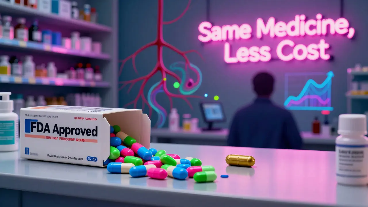 Colorful generic pills spill from a box while a faded brand-name pill fades away, surrounded by bioequivalence graphs.
