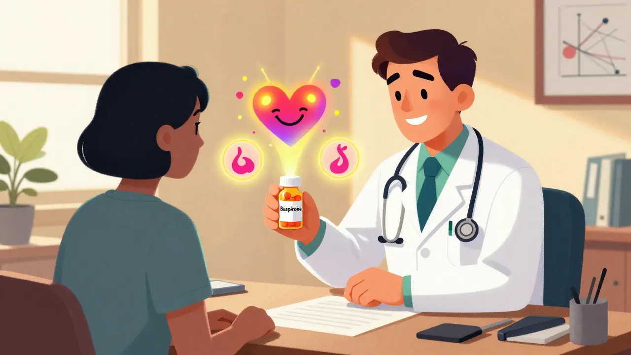 Doctor handing buspirone pill to patient, whose shadow transforms from gray to colorful, with icons of improved mood and libido.